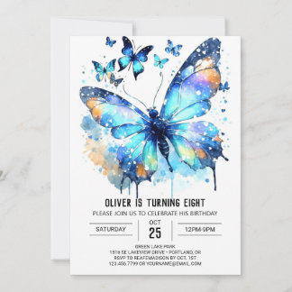 Blue Watercolor Butterfly Junge Geburtstag Einladung