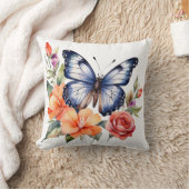 Blue Watercolor Butterfly Peach Red Bright Florals Kissen (Decke)