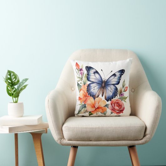 Blue Watercolor Butterfly Peach Red Bright Florals Kissen (Stuhl )