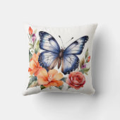 Blue Watercolor Butterfly Peach Red Bright Florals Kissen (Rückseite)