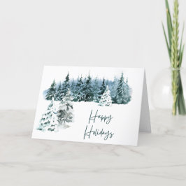 Blue Watercolor Christmas Tree Scene Card Dankeskarte