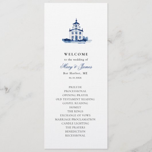 Blue Watercolor Church Wedding Flat Program Programm (Vorderseite)