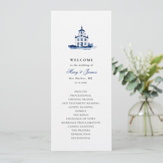 Blue Watercolor Church Wedding Flat Program Programm (Stehend Vorderseite)