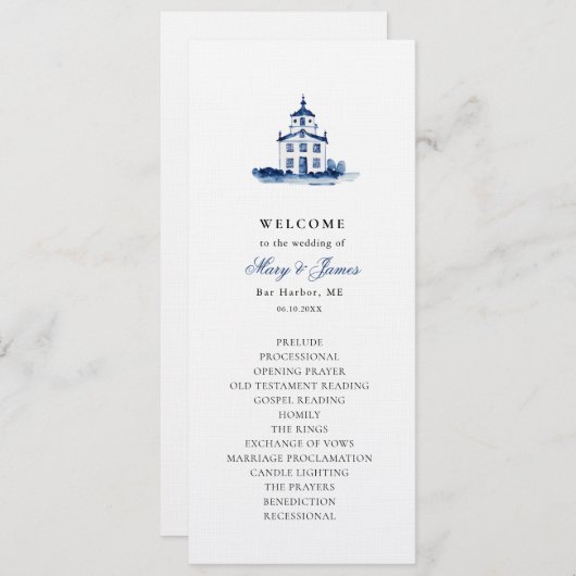 Blue Watercolor Church Wedding Flat Program Programm (Vorne/Hinten)
