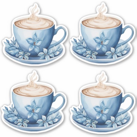 Blue Watercolor Coffee Cups 2 Aufkleber (Vorderseite)