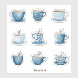 Blue Watercolor Coffee Cups 3 Aufkleber
