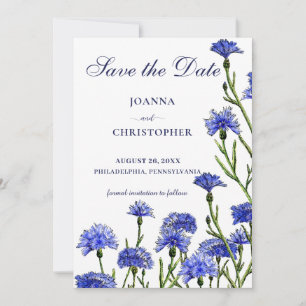 Blue Watercolor Cornflours Floral Boho Save The Date