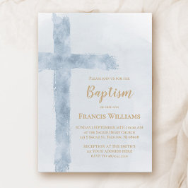 blue watercolor cross Baptism Einladung