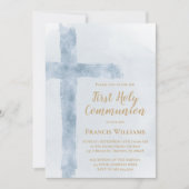 blue watercolor cross First Holy Communion Einladung (Vorderseite)