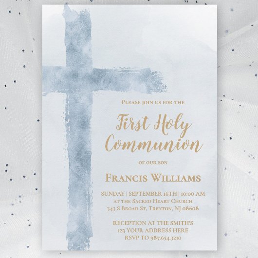 blue watercolor cross First Holy Communion Einladung