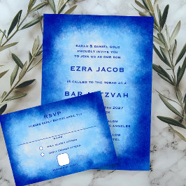 Blue Watercolor Custom Bar Bat Mitzvah RSVP Karte