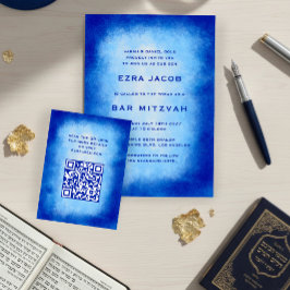 Blue Watercolor Custom QR Code Bar Bat Mitzvah Begleitkarte