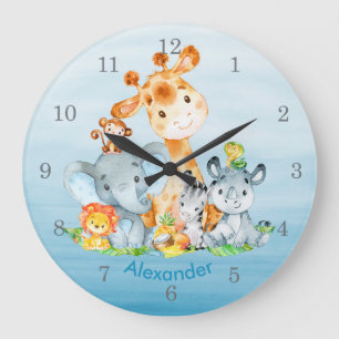 Blue Watercolor Cute Safari Jungle Animals Große Wanduhr