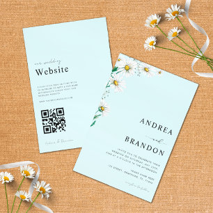 Blue Watercolor Daisy Wildblume QR Code Wedding Einladung