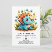 Blue Watercolor Dinosaurier Boy Birthday Einladung (Stehend Vorderseite)