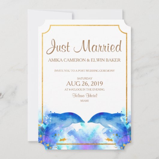 Blue Watercolor Dolphin Wedding Card Einladung (Vorderseite)