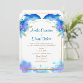 Blue Watercolor Dolphin Wedding Invitation Card Einladung (Stehend Vorderseite)