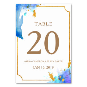Blue Watercolor Dolphin Wedding Table Card Tischnummer