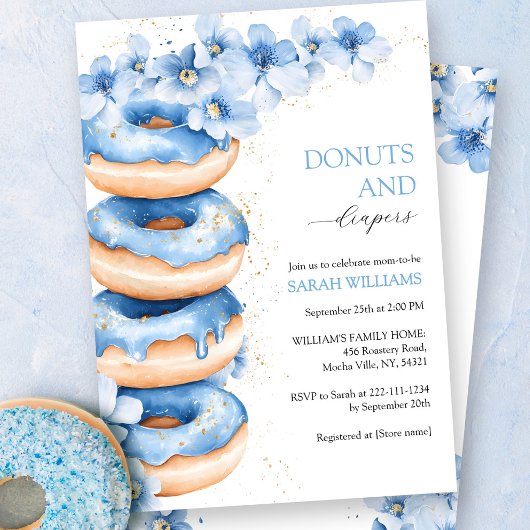 Blue Watercolor Donuts and Diapers Boy Baby Dusche Einladung