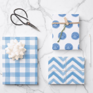 Blue Watercolor Dots Gingham Wrapping Paper Geschenkpapier Set