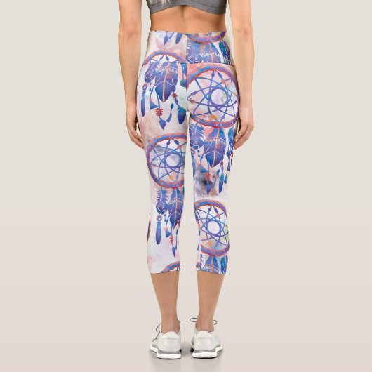 Blue Watercolor Dreamcatcher Modern Boho Capri Leggings (Rückseite)