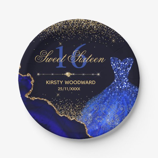 Blue Watercolor Dress & Glitzer agate Sweet 16 Pappteller (Vorderseite)