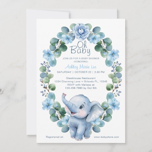 Blue Watercolor Elephant Baby Shower Einladung - (Vorderseite)
