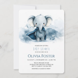 Blue Watercolor Elephant Baby Shower Einladung
