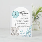 Blue Watercolor Elephant Baby Shower Einladung (Stehend Vorderseite)