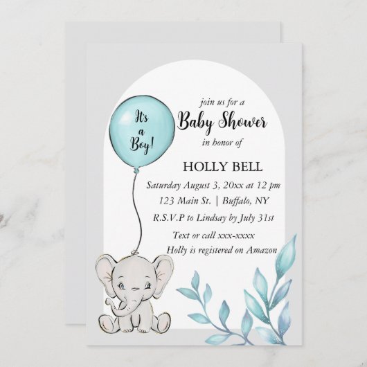 Blue Watercolor Elephant Baby Shower Einladung (Vorne/Hinten)