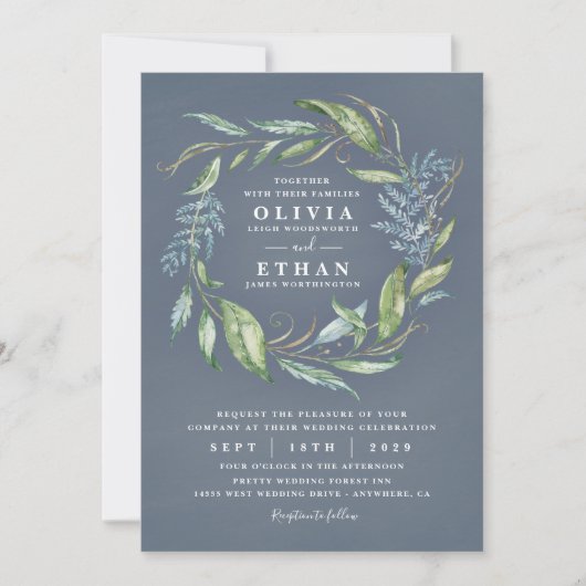 Blue Watercolor Eucalyptus Greenery Wreath Wedding Einladung (Vorderseite)