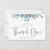 Blue Watercolor Eucalyptus Stilvolles Script-Foto Dankeskarte (Vorderseite)