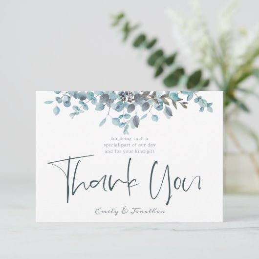 Blue Watercolor Eucalyptus Stilvolles Script-Foto Dankeskarte (Stehend Vorderseite)