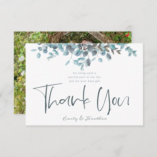 Blue Watercolor Eucalyptus Stilvolles Script-Foto Dankeskarte (Vorne/Hinten)