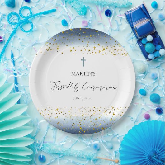 blue watercolor  First Communion Pappteller (Party)