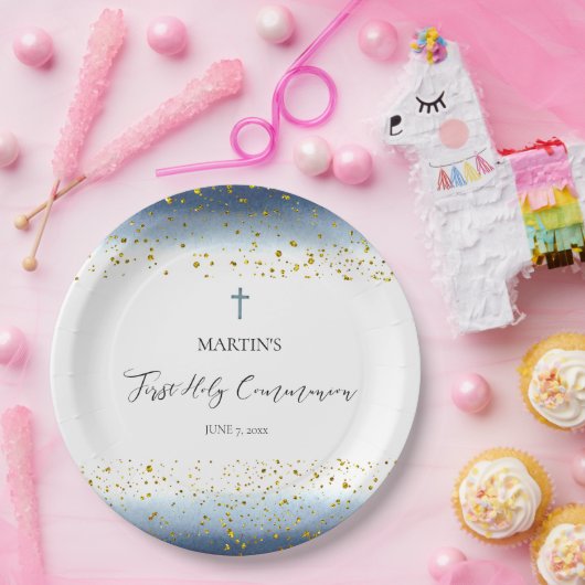 blue watercolor  First Communion Pappteller (Party)