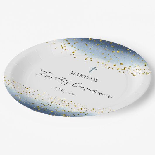 blue watercolor  First Communion Pappteller (Schrägansicht)