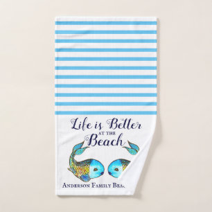 Blue Watercolor Fish Family Beach House Handtuch