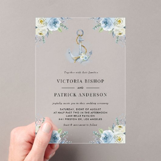 Blue Watercolor Floral Anchor Coastal Wedding Acryleinladungen (Insitu (Handheld))