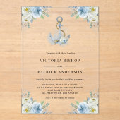 Blue Watercolor Floral Anchor Coastal Wedding Acryleinladungen (Vorderseite)