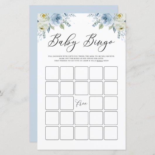 Blue Watercolor Floral Baby Dusche Bingo Spiel (Vorne/Hinten)