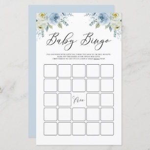 Blue Watercolor Floral Baby Dusche Bingo Spiel