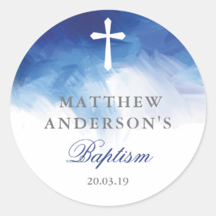 Blue Watercolor Floral Baptism Aufkleber Tags