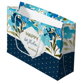 Blue Watercolor Floral Boho Handgemalt Große Geschenktüte