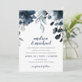 Blue Watercolor Floral Bouquet Wedding Einladung (Stehend Vorderseite)