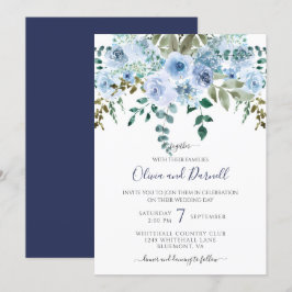 Blue Watercolor Floral Bouquet Wedding I Lt Blue Einladung