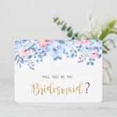 Blue Watercolor Floral Bridesmaid Card Einladung (Stehend Vorderseite)