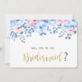 Blue Watercolor Floral Bridesmaid Card Einladung (Vorderseite)