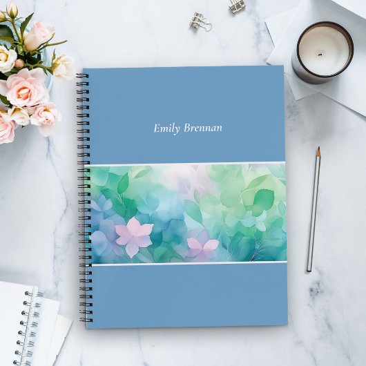 Blue Watercolor Floral Custom Name Notebook Notizblock