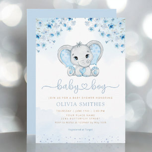 Blue Watercolor Floral Elephant Boy Baby Dusche Einladung
